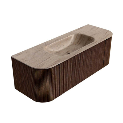 MONDIAZ KURVE-DLUX Meuble de salle de bains 130cm arrondi Gauche + Droite couleur Walnut avec 1 tiroir et 2 portes. Lavabo BIG SMALL Central sans trou de robinet Saba.