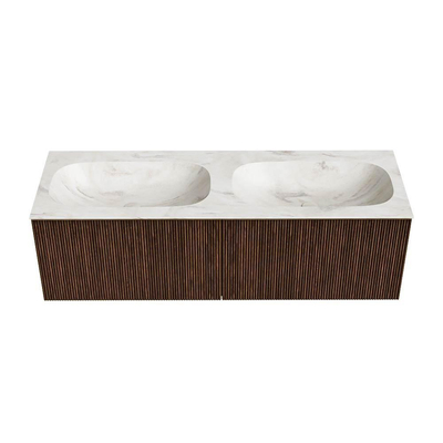 MONDIAZ KURVE-DLUX Meuble de salle de bains 140 cm couleur Walnut avec 2 tiroirs. Lavabo STOR SMALL double sans trou de robinet couleur Ostra.