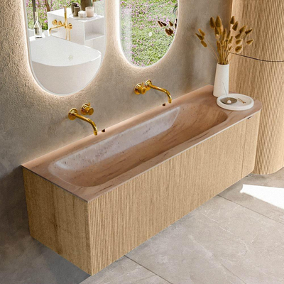 MONDIAZ KURVE-DLUX 145cm badmeubel ronding Rechts kleur Oak met 1 lade en 1 deur. Wastafel BIG LARGE Links zonder kraangat Saba.