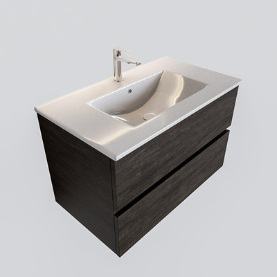 ENSEMBLE DE MEUBLE MONDIAZ VICA - 80cm - 2 tiroirs - lavabo Denia central - 1 trou de robinet - solid surface marron foncé