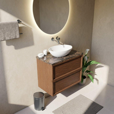 Saniclass Holz Frame Ensemble meuble de salle de bains - 80x45x63cm - Plan de travail en pierre naturelle Noche dark emperador - sans trou de robinet - 2 tiroirs - walnut pure mat (bois)