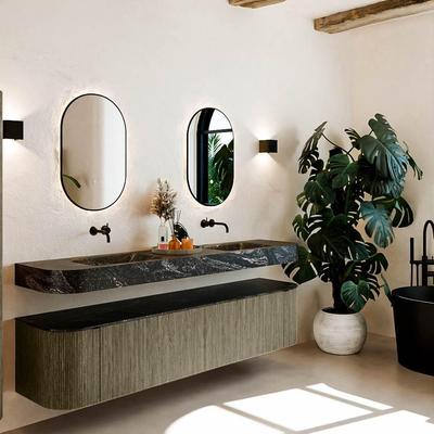 MONDIAZ THOR-DLUX 200cm meuble de salle de bains arrondi gauche + droite couleur Shadow avec 2 tiroirs et 2 portes. Vasque suspendue CLOUD Double sans trou de robinet couleur Lava.