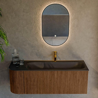 MONDIAZ KURVE 125cm Meuble salle de bain avec module 25 G - couleur Walnut - 1 tiroir - 1 porte - vasque BIG MEDIUM droite - 1 trou de robinet - Urban