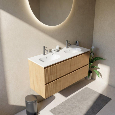 Saniclass Holz Atelier Ensemble meuble de salle de bains - 120x45x74cm - lavabo en céramique Chaci blanc - 2 vasques - 2 trous de robinetterie - 2 tiroirs - chêne natural mat (bois)