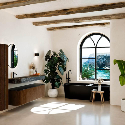 MONDIAZ THOR-DLUX 160cm meuble de salle de bains arrondi gauche + droite couleur Walnut avec 1 tiroir et 2 portes. Vasque suspendue CLOUD gauche 1 trou de robinet couleur Lava.