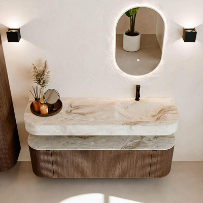 MONDIAZ THOR-DLUX 150cm meuble de salle de bains arrondi gauche + droite couleur Walnut avec 1 tiroir et 2 portes. Vasque suspendue CLOUD Droite 1 trou de robinet couleur Frappe.