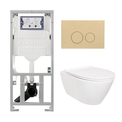 QeramiQ Salina Pack WC - sans bride - réservoir WC attenant Geberit - à fond creux WC suspendu - fermeture douce - démontage rapide - plaque de déclenchement beige - boutons ronds - blanc