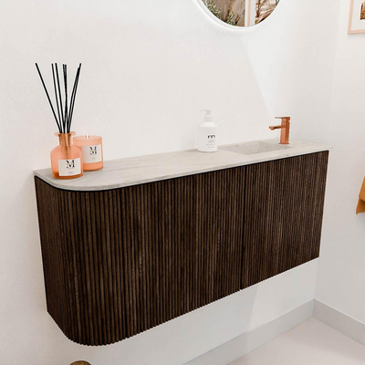 Mondiaz JOYA-DLUX 91.6cm toiletmeubel - ronding links kleur Walnut - Wastafel FAYE positie Rechts 1 kraangat kleur Ostra.