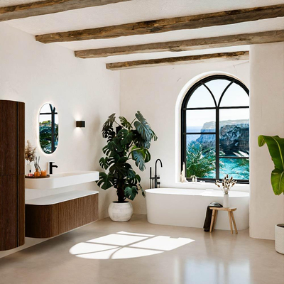 MONDIAZ THOR 140cm meuble de salle de bains arrondi gauche + droite couleur Walnut avec 1 tiroir et 2 portes. Vasque suspendue CLOUD Milieu 1 trou de robinet couleur Talc.