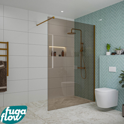 FugaFlow Eccelente Vetro douche à l'italienne salle de bain - 140x200cm - verre fumé - bras mural - cuivre brossé