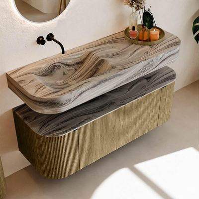 MONDIAZ THOR-DLUX Meuble de salle de bains 130cm arrondi gauche + droite couleur Dusk avec 1 tiroir et 2 portes. Vasque suspendue CLOUD Gauche sans trou de robinet couleur Sombra.