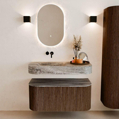 MONDIAZ THOR-DLUX 100cm badmeubel ronding links + rechts kleur Walnut met 1 lade en 2 deuren. Vrijhangende wastafel CLOUD Links zonder kraangat kleur Oza.