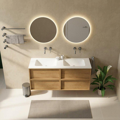 Saniclass Holz Frame Ensemble de meubles de salle de bains - 140x45x77.5cm - lavabo Torino en solid surface blanc - sans trou de robinet - 4 tiroirs - chêne natural mat (bois)