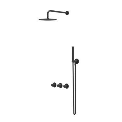 IVY Bond Ensemble de douche de pluie - encastré - symmetry - 2 robinets d'arrêt - bras de plafond 30 cm - grande douche de tête slim 30 cm - support avec sortie - flexible de douche 150 cm - douchette barre - Noir mat PED