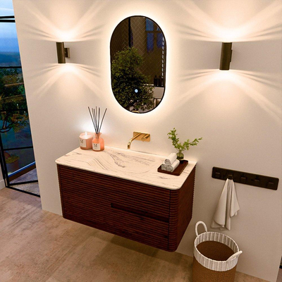 Mondiaz CIRO-DLUX Meuble de salle de bains - 100x45x50cm - plan vasque solid surface Nata - 1 vasque au centre - sans trous de robinetterie - 2 tiroirs - Ruby
