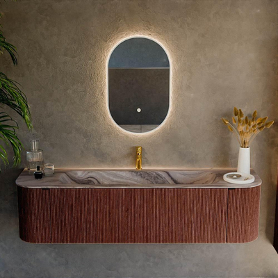 MONDIAZ KURVE-DLUX Meuble de salle de bains 170cm arrondi gauche + droite couleur Ruby avec 1 tiroir et 2 portes. Lavabo BIG LARGE central 1 trou de robinet Sombra.