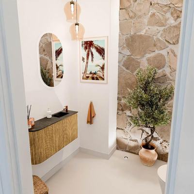 Mondiaz JOYA-DLUX 81.6cm toiletmeubel - ronding links kleur Oak - Wastafel FAYE positie Rechts 1 kraangat kleur Lava.