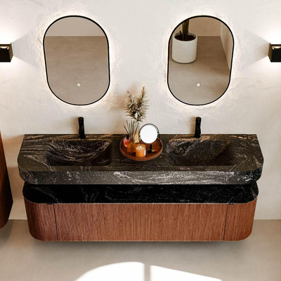 MONDIAZ THOR-DLUX 180cm meuble de salle de bains arrondi gauche + droite couleur Ruby avec 2 tiroirs et 2 portes. Vasque suspendue CLOUD Double 2 trous de robinet couleur Lava.