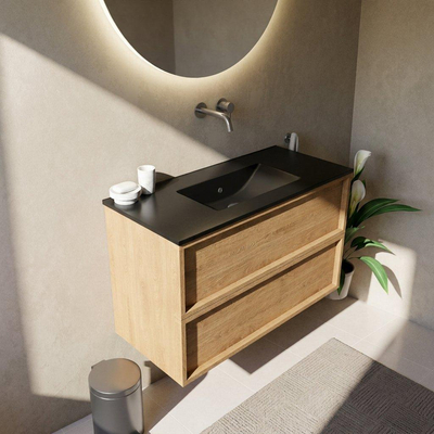 Saniclass Holz Frame Ensemble meuble de salle de bains - 100x45x62cm - Lavabo Vygo en céramique noir - 1 vasque - sans trou de robinetterie - 2 tiroirs - chêne natural mat (bois)
