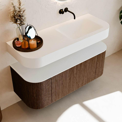 MONDIAZ THOR 120cm meuble de salle de bains arrondi gauche + droite couleur Walnut avec 1 tiroir et 2 portes. Vasque suspendue CLOUD Droite sans trou de robinet couleur Talc.
