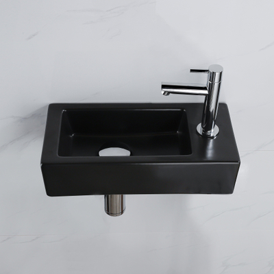 QeramiQ Fuente pack lave-mains – 37,5 x 18,5 x 9 cm – céramique noir mat – perçage à droite – robinet chromé