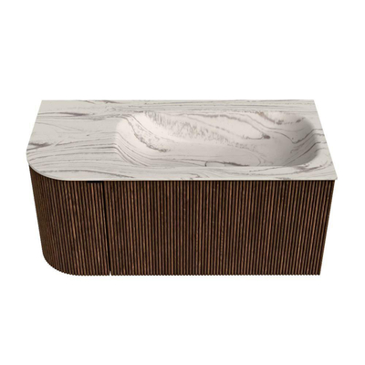 MONDIAZ KURVE-DLUX Meuble de salle de bains 95cm arrondi à gauche couleur Walnut avec 1 tiroir et 1 porte. Lavabo BIG SMALL à droite sans trou de robinet Nata.