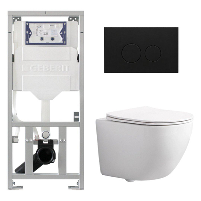 QeramiQ Dely Swirl Compact Toiletset - inbouwreservoir Geberit UP320 - met Burda frame - slim zitting - metalen bedieningsplaat mat zwart - ronde knoppen - glans wit