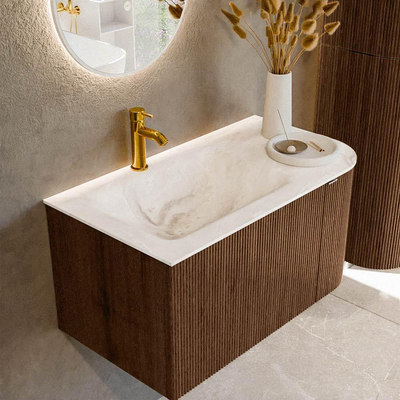 MONDIAZ KURVE-DLUX meuble de salle de bains 85cm avec module 25 R couleur noyer avec 1 tiroir et 1 porte. Lavabo CLOUD gauche 1 trou de robinet couleur Frappe.