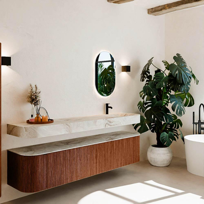 MONDIAZ THOR-DLUX 200cm meuble de salle de bains arrondi gauche + droite couleur Ruby avec 2 tiroirs et 2 portes. Vasque suspendue CLOUD Droite 1 trou de robinet couleur Frappe.