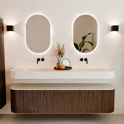 MONDIAZ THOR-DLUX 180cm meuble de salle de bains arrondi gauche + droite couleur Walnut avec 2 tiroirs et 2 portes. Vasque suspendue CLOUD Double sans trou de robinet couleur Meli.