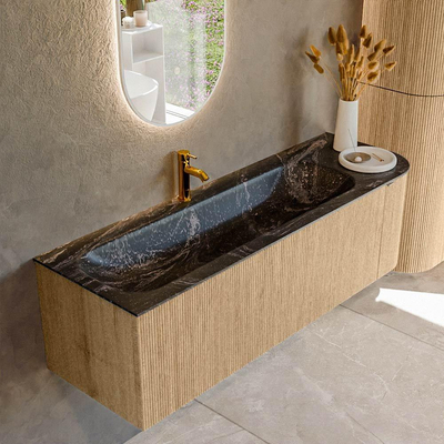MONDIAZ KURVE-DLUX 145cm badmeubel met module 25 R kleur Oak met 1 lade en 1 deur. Wastafel BIG LARGE links 1 kraangat kleur Lava.