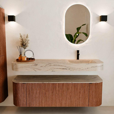 MONDIAZ THOR-DLUX 150cm meuble de salle de bains arrondi gauche + droite couleur Ruby avec 1 tiroir et 2 portes. Vasque suspendue CLOUD Droite 1 trou de robinet couleur Arena.