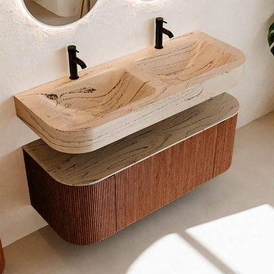 MONDIAZ THOR-DLUX 120cm meuble de salle de bains arrondi gauche + droite couleur Ruby avec 1 tiroir et 2 portes. Vasque suspendue CLOUD Double 2 trous de robinet couleur Arena.