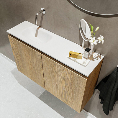 MONDIAZ TURE Kit lave-mains - 80x23x50cm - 0 trous de robinet - 2 portes - chêne blanchi mat - Lavabo à gauche - Solid Surface Blanc
