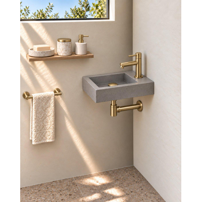 Fortifura Fuente pack lave-mains – rectangulaire – 40 x 22 x 8 cm – béton gris – robinet doré mat