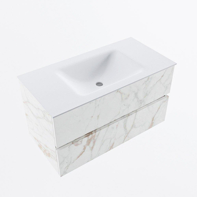 Mondiaz VICA Ensemble de meuble de salle de bain - 90cm - meuble sous-vasque carrara - 2 tiroirs - lavabo cloud milieu - sans trous de robinet - version haute de 60cm - talc