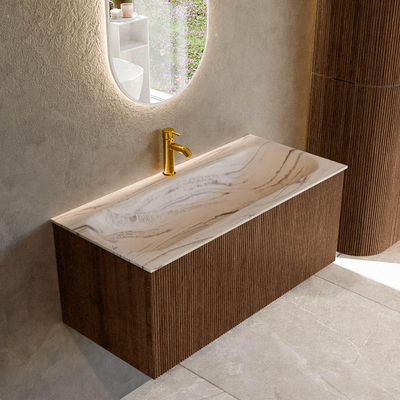 MONDIAZ KURVE-DLUX 100cm badmeubel kleur Walnut met 1 lade en 0 deuren. Wastafel BIG MEDIUM Midden 1 kraangat Nata.