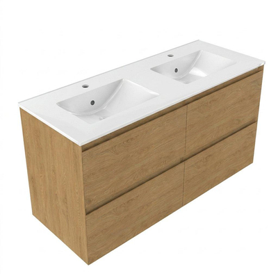 Saniclass Holz Pure Ensemble meuble de salle de bains - 120x45x62cm - Lavabo Vygo en céramique blanc - 2 vasques - 2 trous de robinetterie - 4 tiroirs - chêne natural mat (bois)