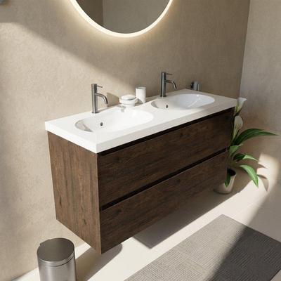 Saniclass Holz Pure Ensemble meuble de salle de bains - 120x45x63.5cm - lavabo en céramique Palermo blanc - 2 vasques - 2 trous de robinet - 4 tiroirs - chêne charcoal mat (bois)