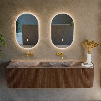 MONDIAZ KURVE-DLUX 165cm badmeubel ronding Rechts kleur Walnut met 2 lades en 1 deur. Wastafel STOR SMALL Dubbel / Links zonder kraangat Sombra.