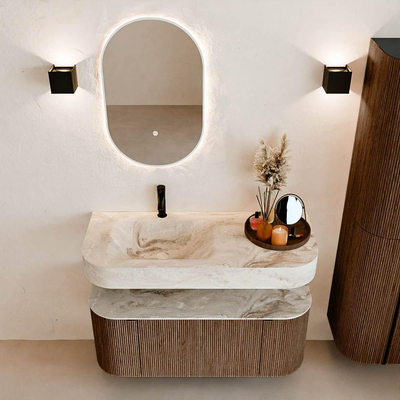 MONDIAZ THOR-DLUX Meuble de salle de bains 110cm arrondi gauche + droite couleur Walnut avec 1 tiroir et 2 portes. Vasque suspendue CLOUD Gauche 1 trou de robinet couleur Frappe.