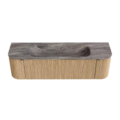 MONDIAZ KURVE-DLUX Meuble de salle de bains 160cm arrondi Gauche + Droite couleur Chêne avec 1 tiroir et 2 portes. Lavabo BIG MEDIUM Central sans trou de robinet Oza.
