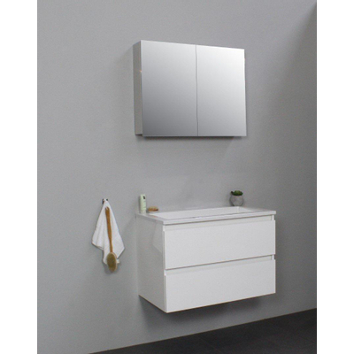 Basic Bella Meuble lavabo acrylique sans trous de robinet avec armoire de toilette à 2 portes grise 80x55x46cm Flat Pack Blanc haute-brillance