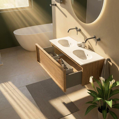 Saniclass Holz Frame Ensemble de meubles de salle de bains - 120x45x54cm - lavabo Chaci en céramique blanc - 2 vasques - sans trous de robinetterie - 1 tiroir - chêne natural mat (bois)