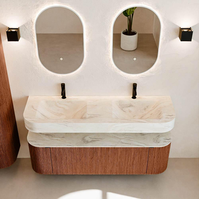 MONDIAZ THOR-DLUX 150cm meuble de salle de bains arrondi gauche + droite couleur Ruby avec 1 tiroir et 2 portes. Vasque suspendue CLOUD Double 2 trous de robinet couleur Ostra.