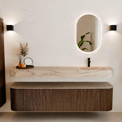 MONDIAZ THOR-DLUX 180cm meuble de salle de bains arrondi gauche + droite couleur Walnut avec 2 tiroirs et 2 portes. Vasque suspendue CLOUD Droite 1 trou de robinet couleur Arena.