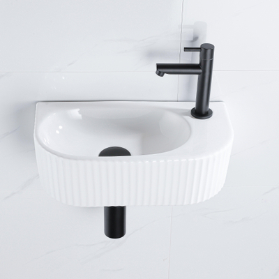 Fugaflow Efficiente Ensemble Fontaine Pietra - 40x21,5x12 cm - droite - rainurée - demi-ronde - 1 trou de robinet - céramique - robinet de fontaine noir mat - bouchon de vidange - siphon abaissé - blanc brillant