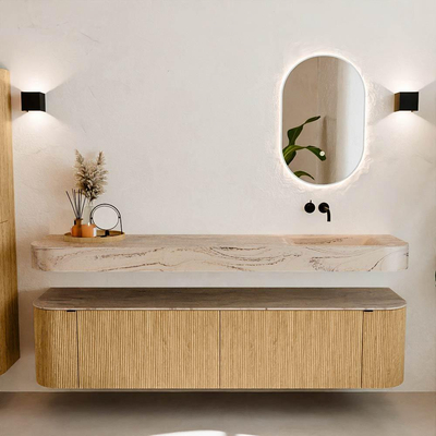 MONDIAZ THOR-DLUX 190cm meuble de salle de bains arrondi gauche + droite couleur Oak avec 2 tiroirs et 2 portes. Vasque suspendue CLOUD Droite sans trou de robinet couleur Arena.