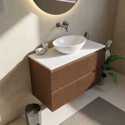 Saniclass Holz Atelier Badkamermeubelset - 100x45x62.5cm - Torino solid surface topblad wit - zonder kraangat - 2 lades - mat walnut pure (hout)