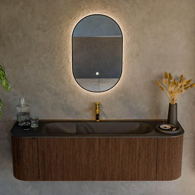 MONDIAZ KURVE 150cm badmeubel met module 25 Len R kleur Walnut met 1 lade en 2 deuren. Wastafel BIG MEDIUM midden 1 kraangat Urban.